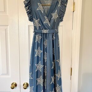 AMELÉ Blue Embroidered Star Midi Dress Made in Italy NWT Belted